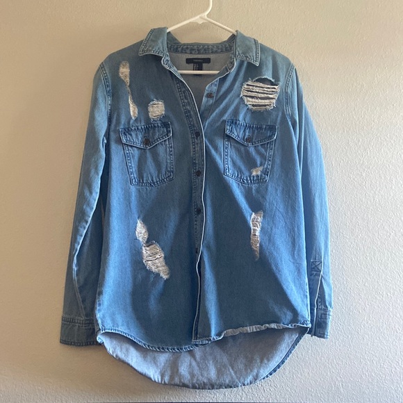 Forever 21 Tops - Forever 21 Distressed Denim Button Down Top